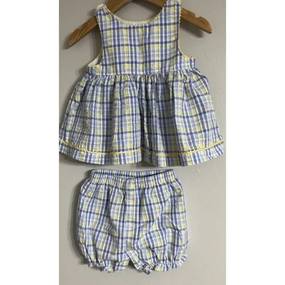 Welcome Home Baby Girl Dress Bloomers Set Size 3/6 Months Seersucker Sleeveless